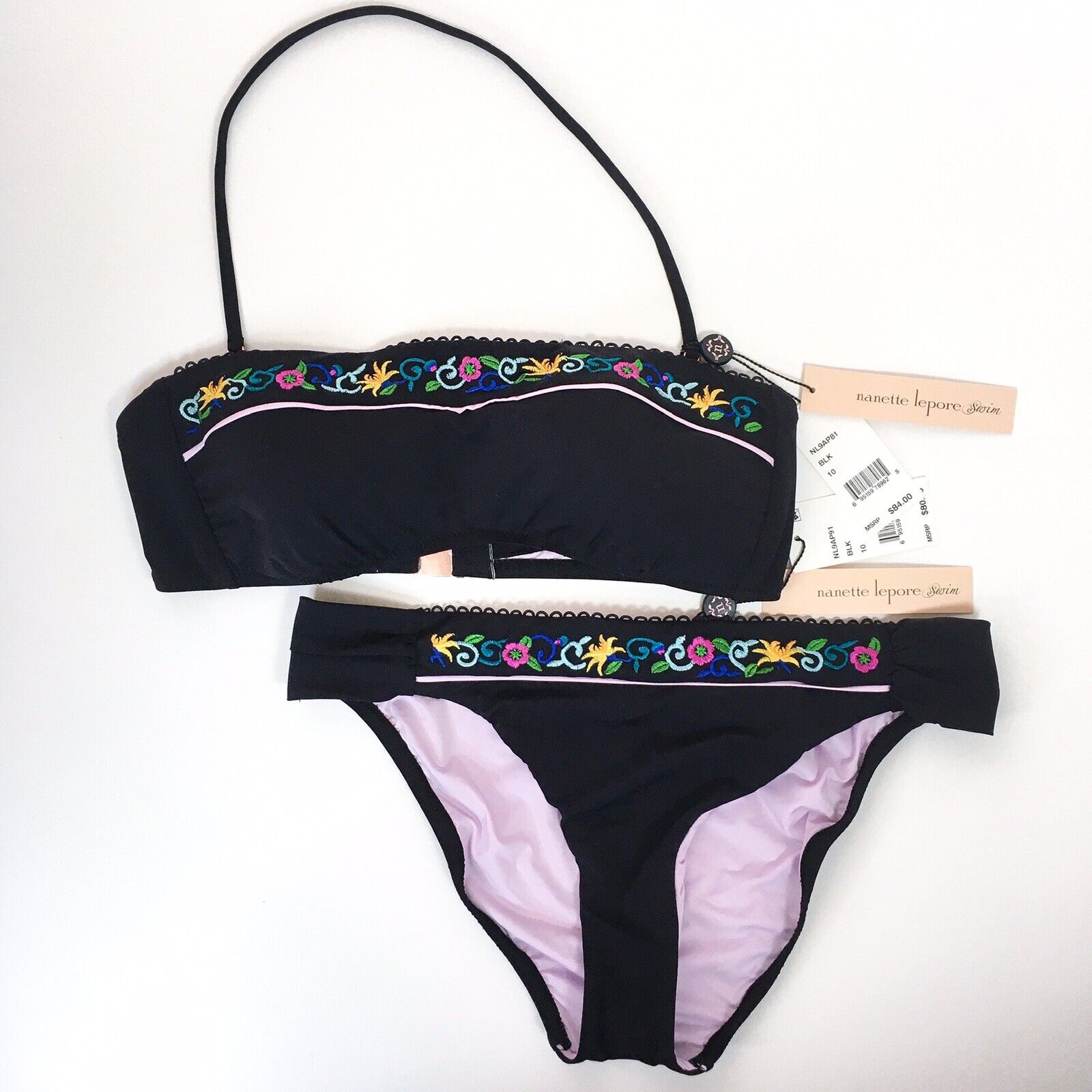 Nanette Lepore Women 10 Bikini Swimsuit Black Bandeau Halter Floral Scallop New